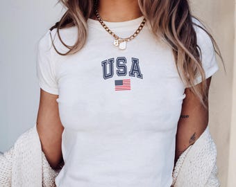 USA Flag Baby Tee,  4th of July Baby Tee, 4th of July Y2k Tee, USA Baby Tee, Fourth of July Baby Tee, USA Women's Baby Tee, America Baby Tee