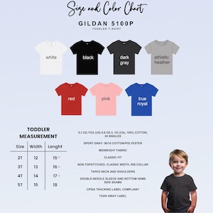 This image consists of size and color chart for toddler t-shirt.
