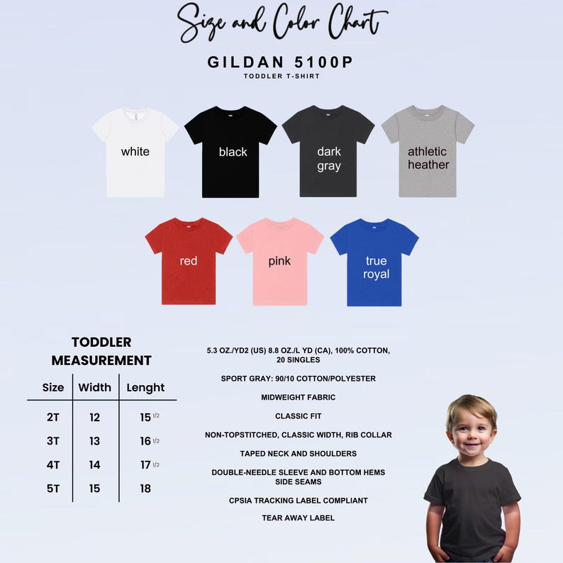 This image consists of size and color chart for toddler t-shirt.