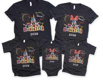 Magliette personalizzate per le vacanze in famiglia Disney, magliette per viaggi Disney, magliette Disneyland, magliette coordinate per la famiglia Disney, viaggio Disney 2026, Disneyworld