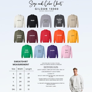 This image consists of color and size chart for unisex sweatshirt.