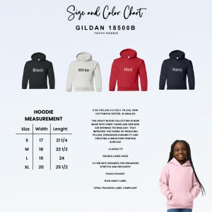 This image consists of color and size chart for youth hoodie.