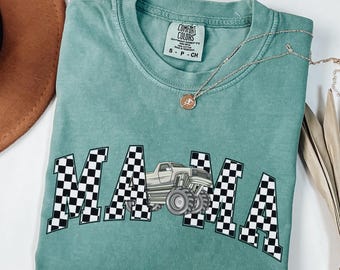 Comfort Colors® Monster Truck Mama Shirt, Checkered Mama Shirt, Truck Lover Gift, Mothers Day Shirt, New Mom Tee, Gift for Mom,Retro Mom Tee