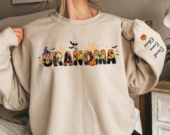 Personalized Halloween Grandma Sweatshirt with Names on Sleeve, Halloween Grandma Shirt, Spooky Grandma Sweatshirt, Halloween Gift for Mama