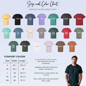 This image consists of the color and size chart for the unisex shirt.