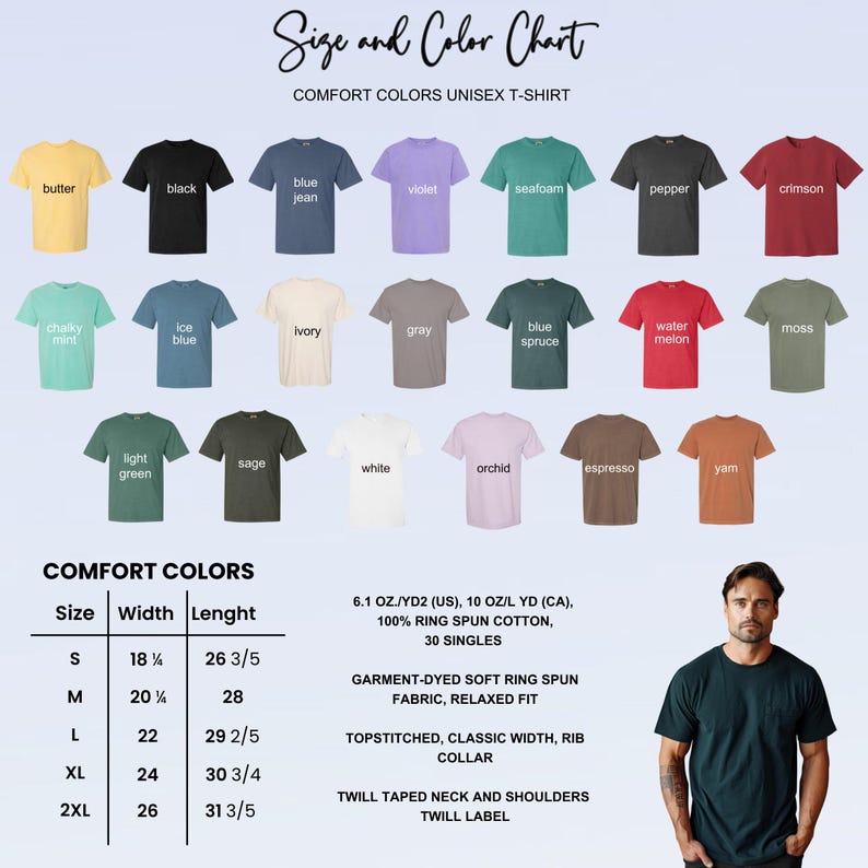 This image consists of the color and size chart for the unisex shirt.