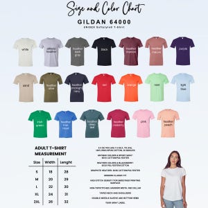 This image consists of size and color chart for unisex t-shirt.