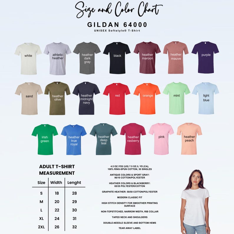 This image consists of size and color chart for unisex t-shirt.