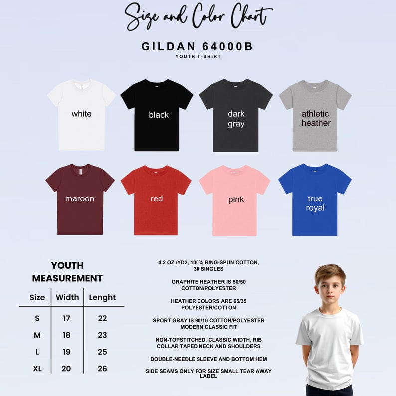 This image consists of size and color chart for youth t-shirt.