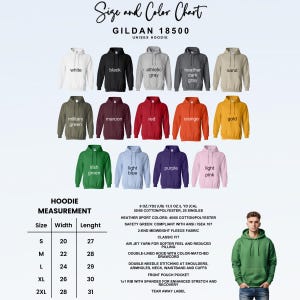 This image consists of color and size chart for unisex hoodie.