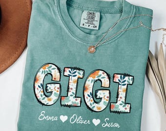 Comfort Colors® Kundenspezifisches Gigi Blumenhemd, Blumen Gigi T-Shirt, personalisiertes Gigi Hemd mit Namen, Muttertagshemd, Blumen Mimi T-Shirt
