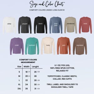 This image consists of the color and size chart for the unisex long sleeve shirt.