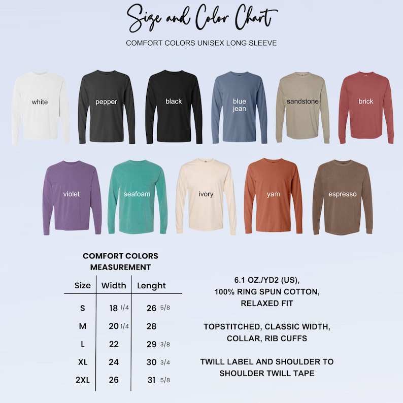 This image consists of the color and size chart for the unisex long sleeve shirt.