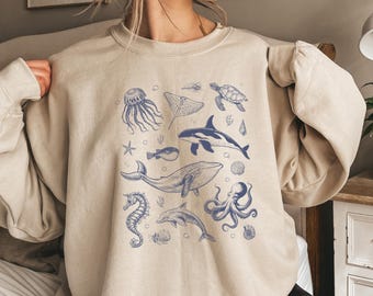 Sudadera vintage con animales marinos, suéter retro del océano, suéter con criaturas marinas lindas, regalos del océano, sudadera unisex cálida y acogedora, amantes del océano