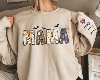 Custom Halloween Mama Sweatshirt with Names on Sleeve, Mama Halloween Gift, Personalized Halloween Mama Sweatshirt, Spooky Mama Sweatshirt
