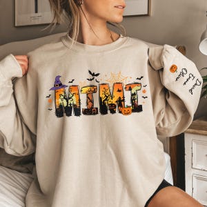 Personalized Halloween Mimi Sweatshirt with Names on Sleeve, Custom Spooky Mimi Sweatshirt, Halloween Mimi Gifts, Spooky Season, Mimi Shirt
