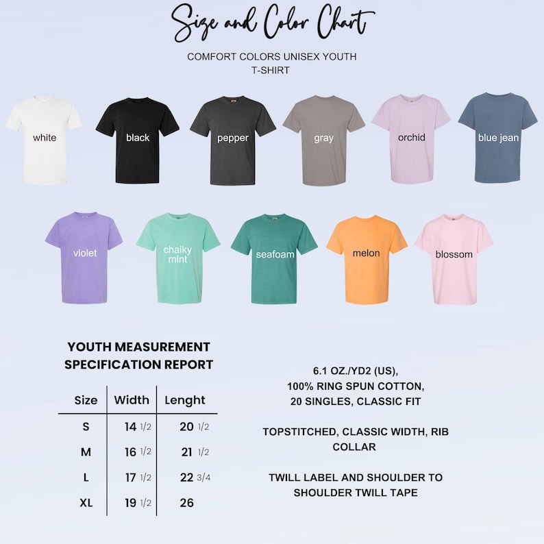 This image consists of the color and size chart for the youth shirt.