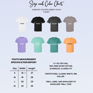 This image consists of size and color chart for youth t-shirt.