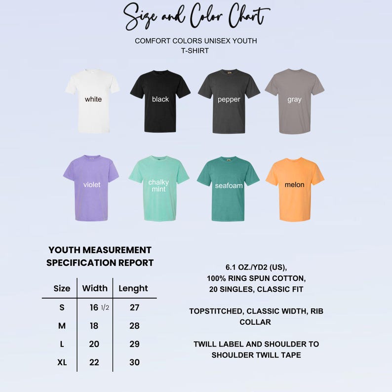 This image consists of size and color chart for youth t-shirt.