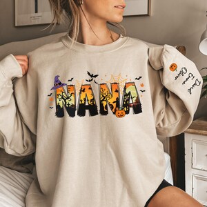 Personalized Halloween Nana Sweatshirt with Names on Sleeve, Spooky Nana Sweatshirt, Halloween Nana Gifts, Halloween Gift for Grandma