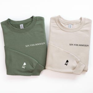 Custom Roman Numeral Sweatshirt, Couples Gift, Personalized Gift Date Hoodie Initial on Sleeve, Anniversary Year, Valentines Day Gift