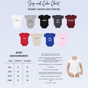 This image consists of size and color chart for onesie.