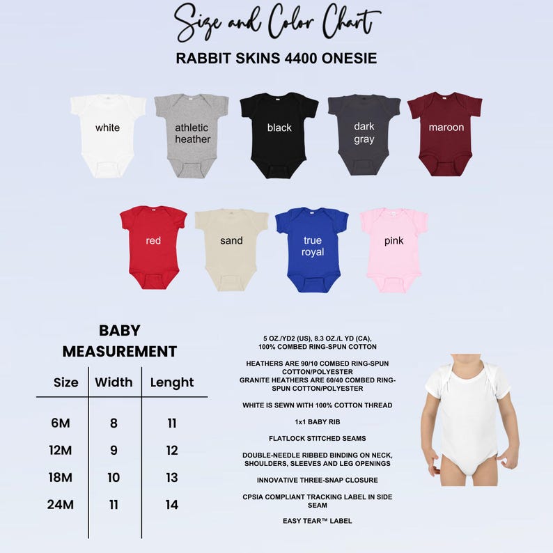 This image consists of size and color chart for onesie.