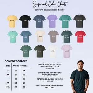 This image consists of size and color chart for unisex t-shirt.
