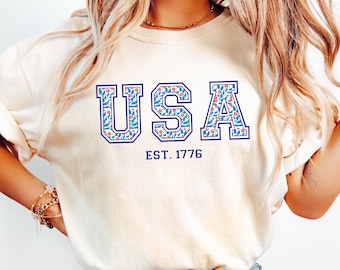 Comfort Colors® Floral USA Shirt, Usa Est 1776 Shirt, 4th of July Shirt, Floral USA Tee, Flower USA Shirt, Summer Patriotic Shirt for Women