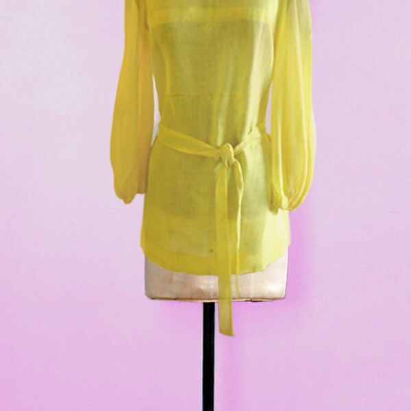 MOD/Retro/Vintage Sheer Yellow Jonathan Logan Mini Dress/Blouse With Waist Tie/Belt