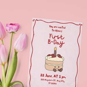 Convite de aniversário de bebê Jellycat Cake | Convite editável para festa de 1º aniversário | Tema de pelúcia fofo | Download digital instantâneo