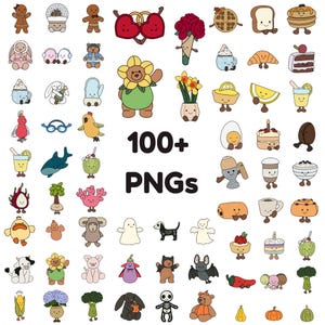 May include: A selection of over 100 PNG images showcasing cartoon characters and objects. The images include food, animals, and seasonal elements, all with a charming design. The text "100+ PNGs" is also included.