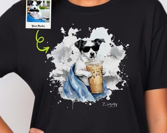 Custom Watercolor Pet Portrait Shirt, Funny Dog Iced Coffee Tee, Personalized Pet Photo Shirt, Comfort Colors Dog Lover Gift
