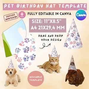 Può includere: Un modello di cappello di compleanno per animali domestici con il testo "PET BIRTHDAY HAT TEMPLATE" e "FULLY EDITABLE IN CANVA". La dimensione del modello è A4 21x29,4 mm. L'immagine mostra un cucciolo, un gatto e un coniglio con cappelli da festa.