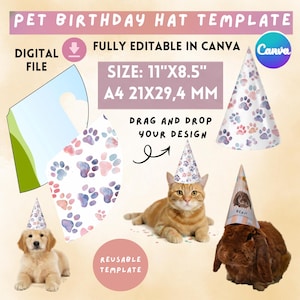 May include: A digital pet birthday hat template featuring a paw print pattern, editable in Canva. The file includes dimensions of 11 inches by 8.5 inches and A4 21 by 29.4 mm. The graphic shows a puppy, a cat, and a rabbit wearing party hats.