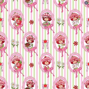 May include: A repeating pattern featuring a cartoon character with red hair and a strawberry hat, framed in pink oval borders with pink bows. The background has vertical stripes of pink and green, with additional strawberry and flower motifs.