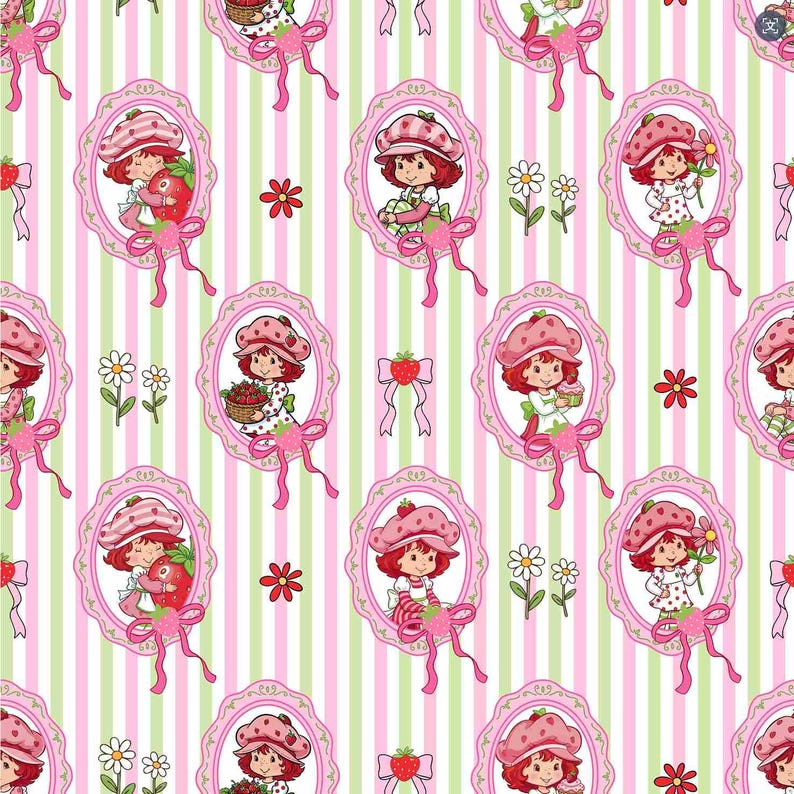May include: A repeating pattern featuring a cartoon character with red hair and a strawberry hat, framed in pink oval borders with pink bows. The background has vertical stripes of pink and green, with additional strawberry and flower motifs.