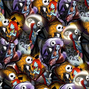 May include: A repeating fabric pattern featuring Jack Skellington and Sally from The Nightmare Before Christmas. The design includes multiple illustrations of the characters in a graveyard setting with orange spiderwebs and a full moon background.