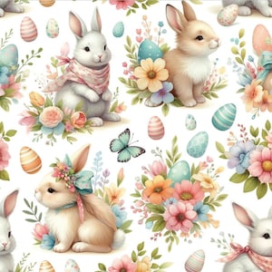 May include: A seamless pattern featuring white and brown bunnies with pink and blue floral accents. The bunnies are surrounded by pastel coloured eggs and flowers.