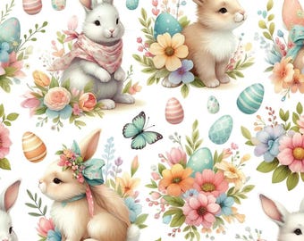 Watercolor Easter Bunny Fabric – Floral Rabbits, Pastel Eggs & Spring Butterflies, 100% Cotton Fabric for Quilting, By The Half Yard