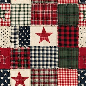 May include: A patchwork quilt fabric featuring a repeating pattern of squares in red, green, white, and navy blue. The design includes various plaid and gingham checks alongside cream-colored squares decorated with solid red or navy blue stars.