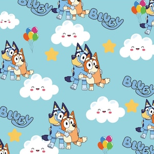 Tela azul Tela de perro azul Tela de Bluey y Bingo Tela de anime de dibujos animados Tela 100% algodón Tela para acolchado por media yarda