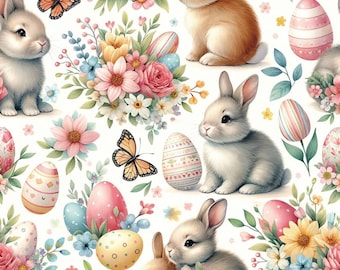Tela de algodón con estampado floral de conejitos de Pascua, flores de primavera y mariposas en tonos pastel, 100% algodón, 0,5 metros.