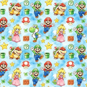 Peut inclure: Un motif répétitif présentant des illustrations style aquarelle de Mario, Luigi, Princesse Peach, Yoshi et Bowser, entremêlées de tuyaux verts, champignons rouges, étoiles jaunes, blocs point d'interrogation et briques sur fond bleu clair.