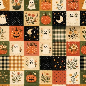 Tela de Halloween con estampado de fantasmas y calabazas, tela de patchwork retro, algodón de alta calidad, 48 x 140 cm / BF3879