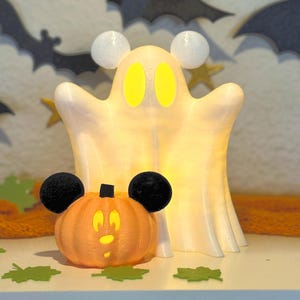 Mickey Mouse Halloween Ghost and Jack o&#39;Lantern Light Up Figure | Handpainted Pumpkin