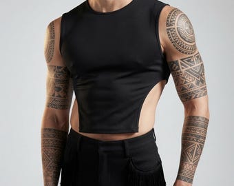 Black Cut Out Crop Top Men – Sleeveless Festival Top – Clubwear Shirt – Rave Outfit – Gay Fashion – Alternative Streetwear