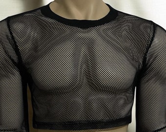 Men's Sheer Mesh Crop Top, Long Sleeve See Through Shirt