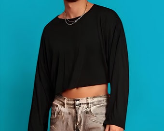 Handmade Black Long Sleeve Crop Top: Unisex Rave Wear