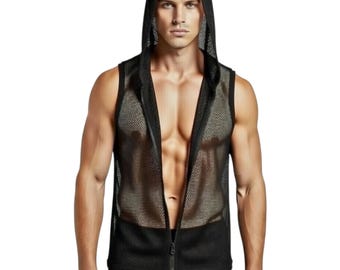 Mens Hooded Mesh Vest – Sheer Zip Up Sleeveless Top